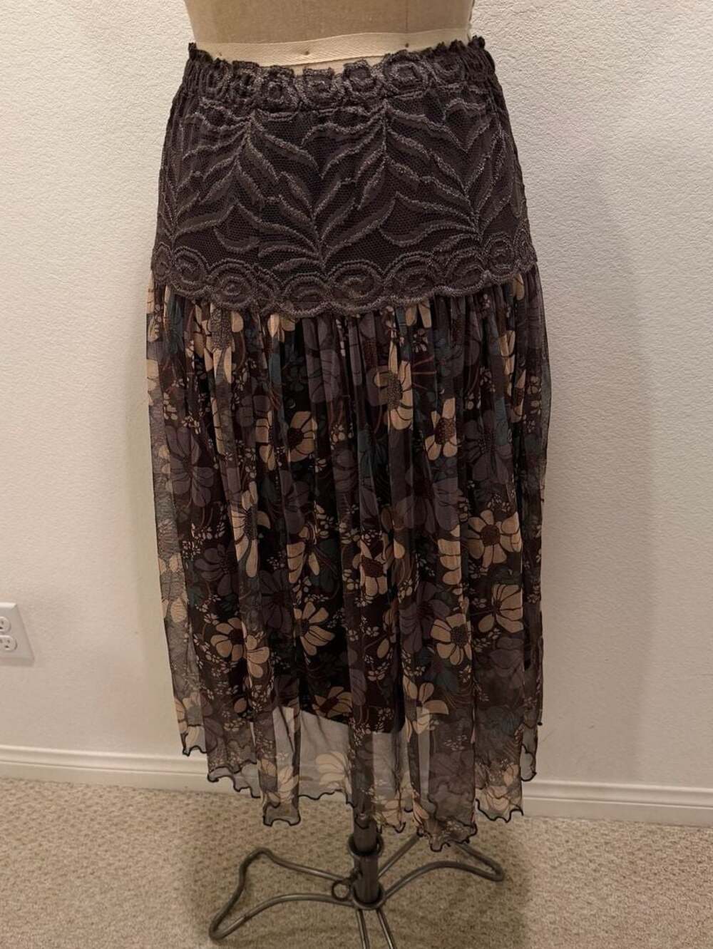 Jim Long Clothes Brown Floral Sheer Chiffon Midi Skirt with Lace Waistband